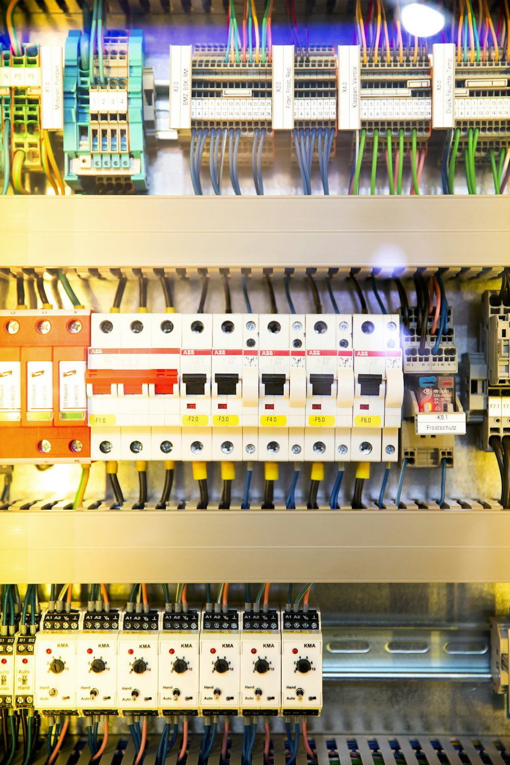 Low voltage distribution panel with circuit breakers and control wiring